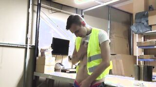Handsome worker takes a break in storage room to masturbate