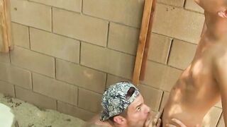 Tattooed jock deepthroats his twink lover and tastes cum