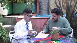 Geeky twink has his dick sucked before pounding mature gay