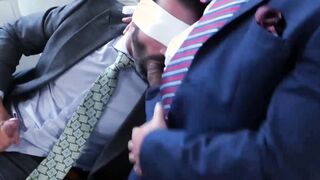 Classy stud blindfolded before throat fuck and drilling 3way