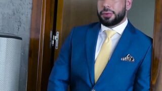 Classy stud blindfolded before throat fuck and drilling 3way