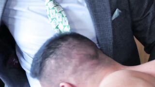 Classy stud blindfolded before throat fuck and drilling 3way