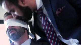 Classy stud blindfolded before throat fuck and drilling 3way