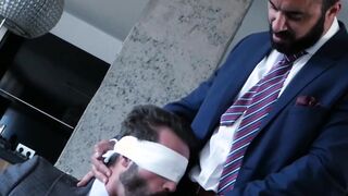 Classy stud blindfolded before throat fuck and drilling 3way