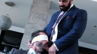 Classy stud blindfolded before throat fuck and drilling 3way