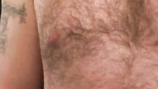 Mature lad with hairy chest and belly pulls his hard dick