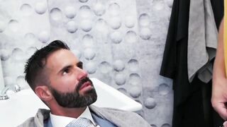 Man in a suit and tie arrives for a massage but gets sidetracked