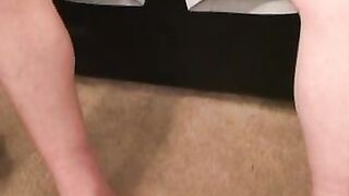 Redhead tugs his cut boner and tries his best to get hard
