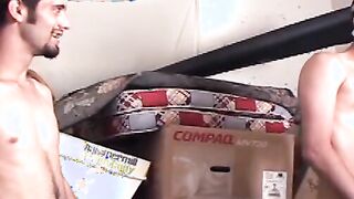 Chubby blonde babe spitroasted by three straight dudes