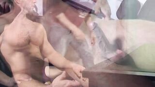 Middle aged gay helps a buffed stud stroke his fat cock