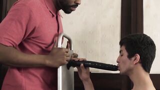 Before the intercultural barebacking Twink sucks ebony cock
