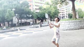 Badminton playing Asian twink skips on dick after penis massage