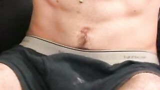 Inked and pierced mature masturbates and cums on his belly