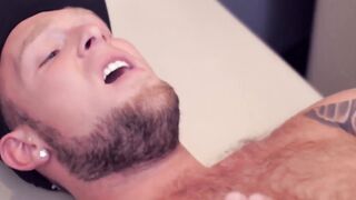 Sexy jock sucks on dildo while being hammered by hairy bear