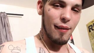 Tattooed straight thug Drac strokes his cock solo and cums