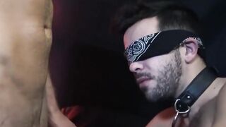 Inked attractive gay deepthroats blindfolded underhanded muscle head
