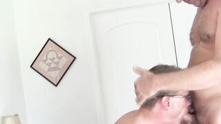 Hot bottom wears his seductive glasses while fucked in 3way