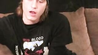 Skinny amateur strokes his big cock before solo cumshot
