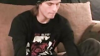 Skinny amateur strokes his big cock before solo cumshot