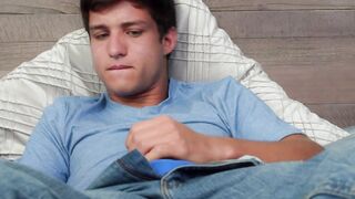 Horny jock jerks off before getting his tight hole barebacked