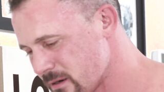 Before bareback fucking the stepdad suckers the stepsons big cock