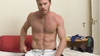 Shaggy chest Brazilian hunk jerks off his stone hard apparatus