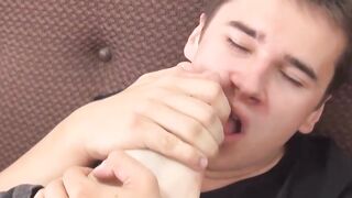 The smell of his own shoes makes his penis rough and throbbing