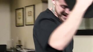 Young man sucks two cocks and receives cum in threesome