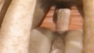 Retrolooking handsome blond men switch heads before hard banging