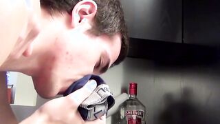 Blond twink gets bj from slim and short friend in kitchen