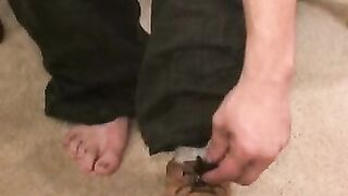 Mature stud pulls on his throbbing shaft while laying down