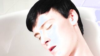 Pale twink doll pulls on that huge dong and stays silent