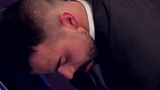Elegant businessman anal drilled in locker room after rimjob