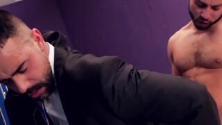 Elegant businessman anal drilled in locker room after rimjob