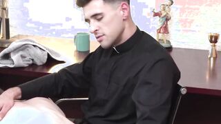 Youthful catholic jerks off while daddy drills him with toys