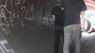 Shameless latino swallows two big cocks outdoors