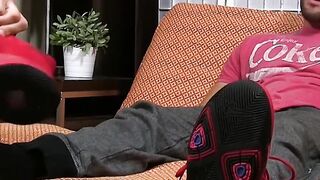 Stud jerks off his hard cock and cums while feet worshiped