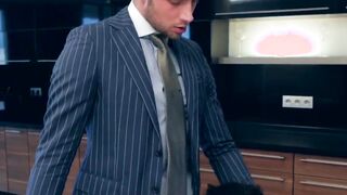 Elevator sex for a pair of businessmen in expensive suits