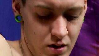 Skinny guy with huge dick masturbates with a weird sex toy