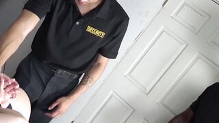Black guards spitroast bareback young thief in threesome