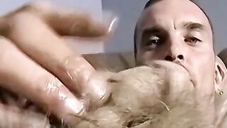 Nasty homeboy tries really hard to jerk off his schlong