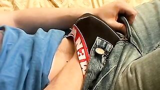 Underwear wearing jock masturbates inside his panties here