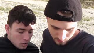 Redhead MILF Nina K sucks her two stepsons dick outdoor