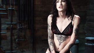 Tattooed petite slave in brutal restriction