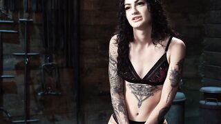 Tattooed petite slave in brutal restriction