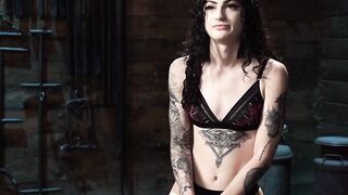 Tattooed petite slave in brutal restriction