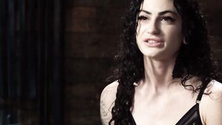 Tattooed petite slave in brutal restriction