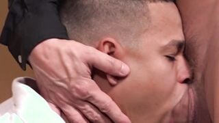 Twink rides an older gay raw after slobbering on his dick