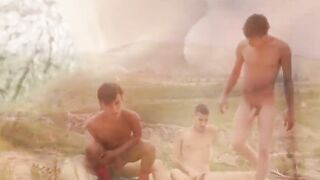 After face fucking twinks enjoy being bareback foursome in nature