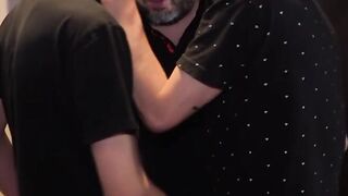 Two young gays spitroast mature dude after oral foreplay